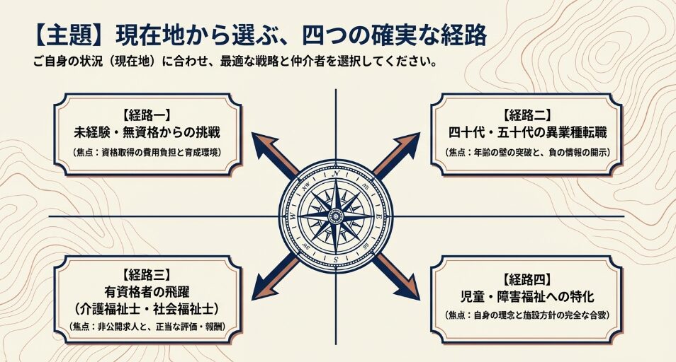 現在地から選ぶ、四つの確実な転職経路（未経験、40代50代、有資格者、児童・障害特化）