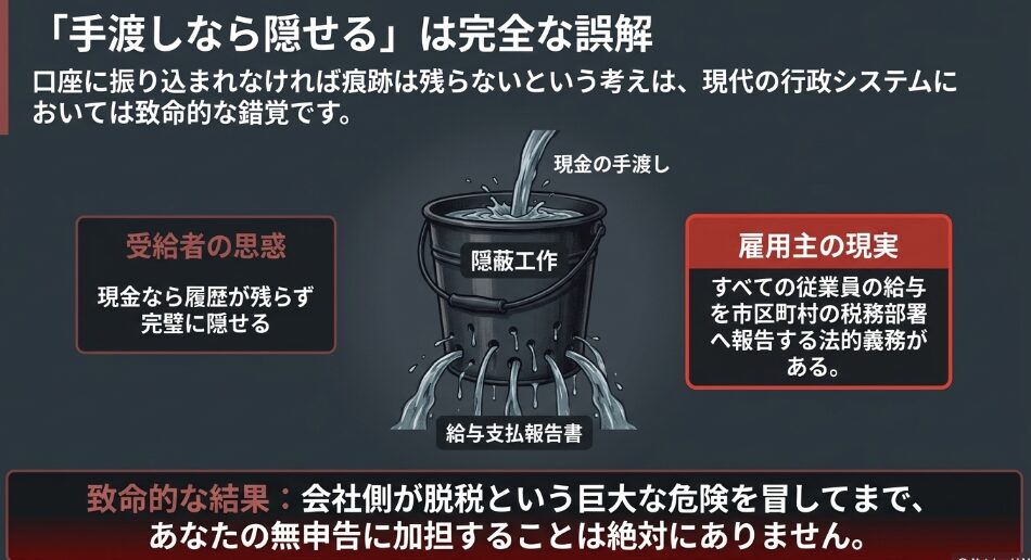 現金手渡しの隠蔽工作は穴の空いたバケツと同じで給与支払報告書から発覚する図解