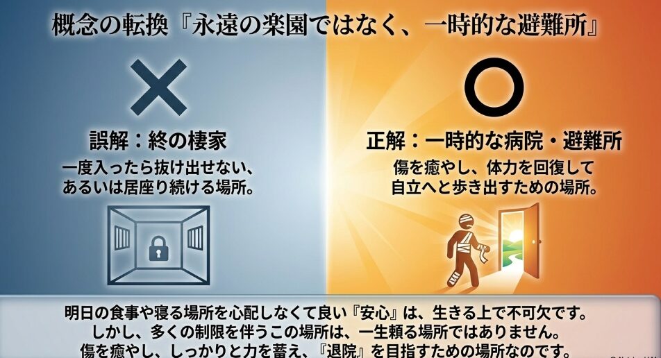 生活保護を一度入ったら抜け出せない永遠の楽園とする誤解を解き、傷を癒やして自立へ歩き出すための一時的な避難所として捉え直す図解