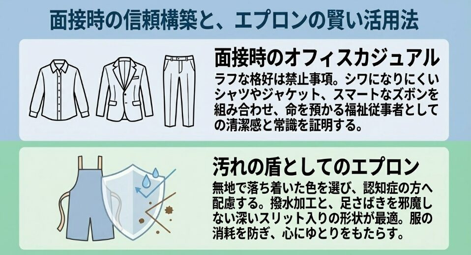 面接時のオフィスカジュアルとエプロンの賢い活用法