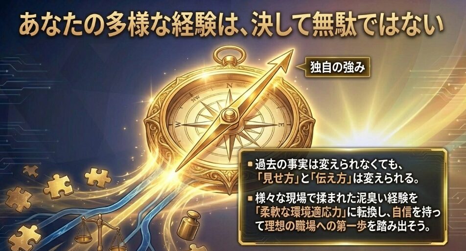 あなたの多様な経験は決して無駄ではない。独自の強みを指し示す羅針盤の図解