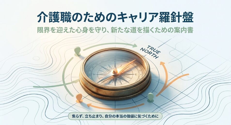 介護職のためのキャリア羅針盤：限界を迎えた心身を守り、新たな道を描くための案内書というタイトルのコンパス図
