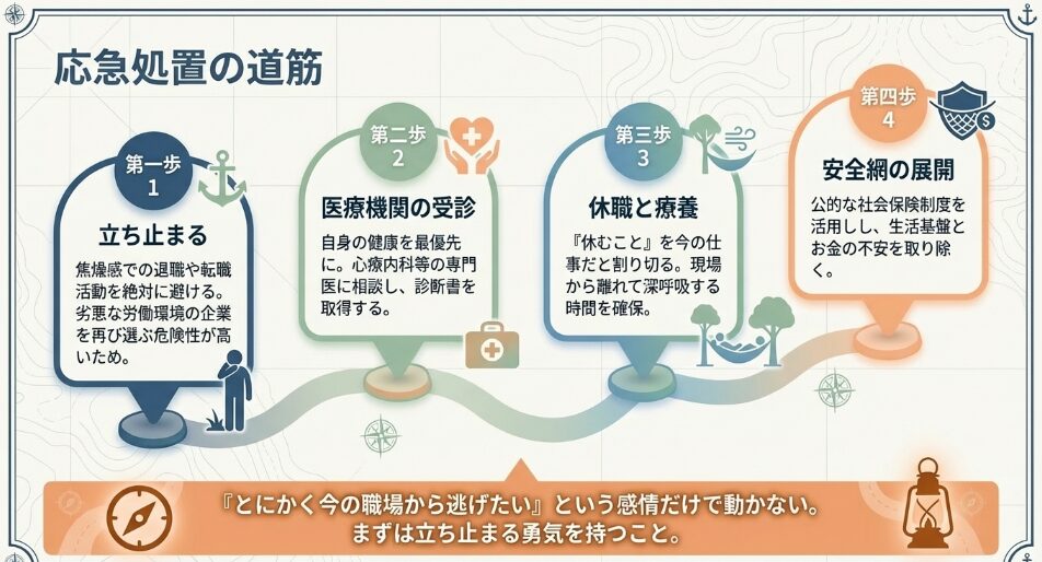 心身が限界を迎えた時の応急処置の道筋：立ち止まる、医療機関の受診、休職と療養、安全網の展開の4ステップ