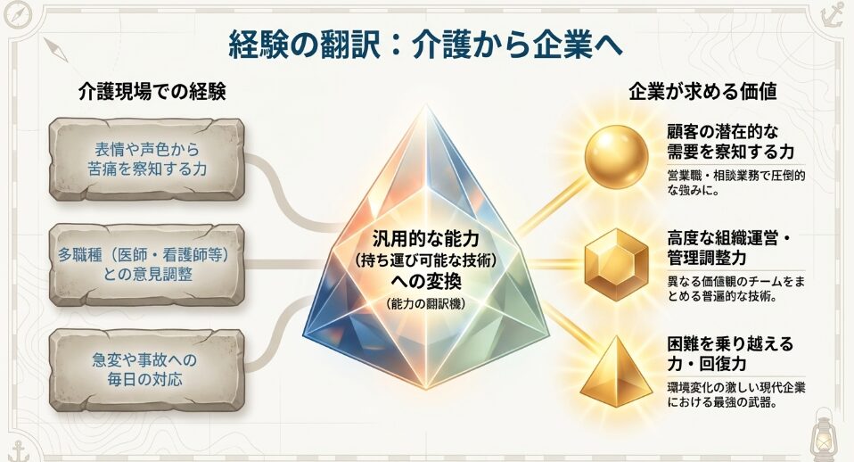 介護現場での経験を企業が求める汎用的な価値へ変換する能力の翻訳機の図解