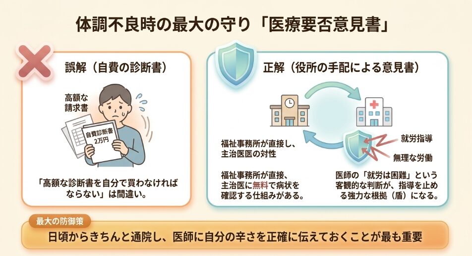 高額な自費診断書ではなく、役所が手配する無料の医療要否意見書が就労指導を止める強力な根拠になることを説明したイラスト