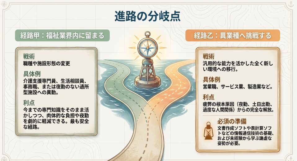 福祉業界内に留まる経路と異業種へ挑戦する経路の戦術と利点を比較した進路の分岐点
