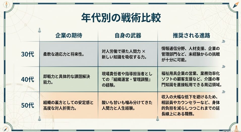 30代、40代、50代の企業の期待と自身の武器を比較し推奨進路をまとめた年代別の戦術表
