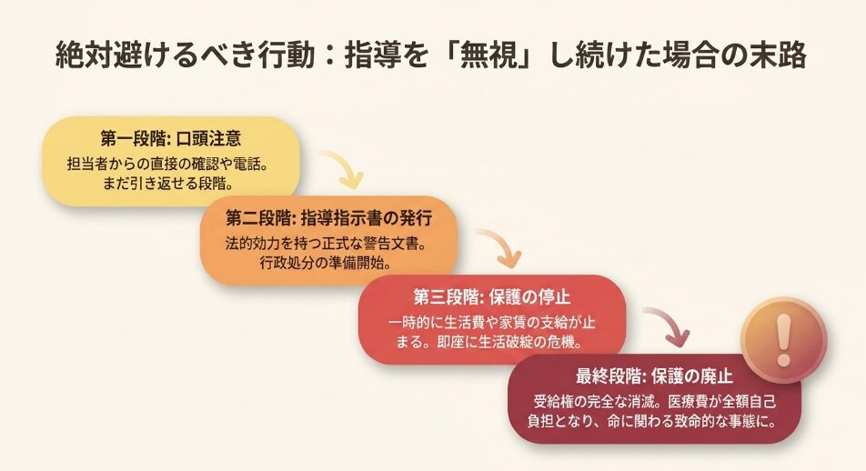 就労指導を無視し続けると、口頭注意から保護の停止、最終的に保護の廃止へと段階的に進む行政処分を示した図