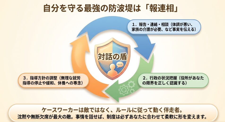 報告・連絡・相談をすることで行政が状況を把握し、指導方針が柔軟に調整されることを示すイラスト