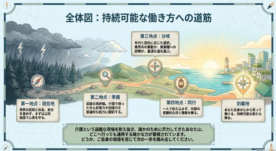 持続可能な働き方への道筋として現在地から到着地までを描いた全体図のイラスト