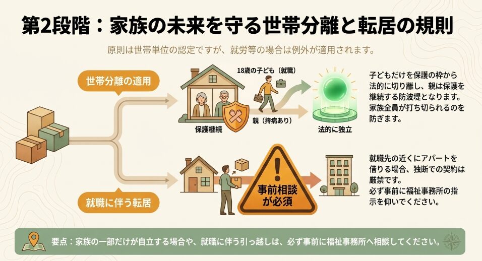 ケースワーカーが監視役ではなく、同じ方向を向いて将来への投資を支える伴走者（味方）であることを示したイメージ図