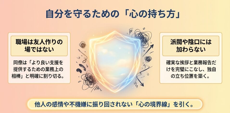 自分を守るための心の持ち方。職場は友人作りの場ではないと割り切り、他人の感情に振り回されない心の境界線を引く