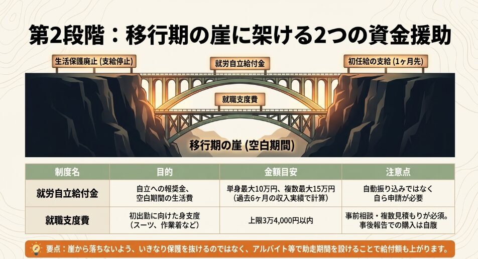 生活保護廃止から初任給支給までの「移行期の崖（空白期間）」に架ける橋として、就労自立給付金と就職支度費の役割を図解した画像