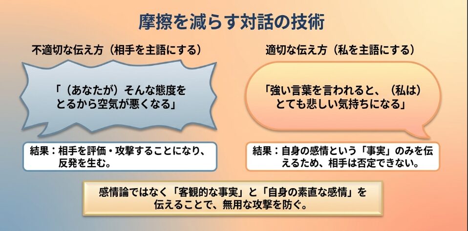 摩擦を減らす対話の技術。相手を主語にせず、私を主語にするIメッセージで客観的事実と自身の感情を伝える手法