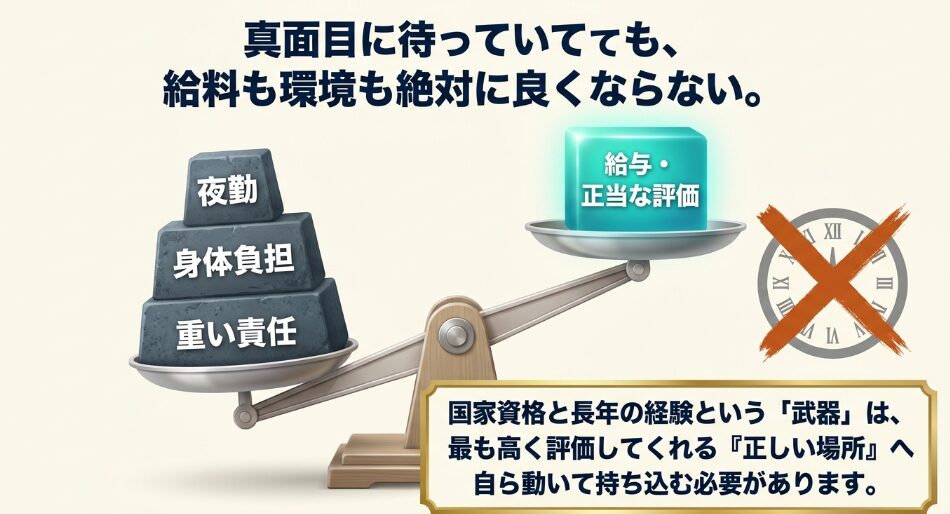 夜勤・身体負担・重い責任を負う介護現場の現状と、国家資格や長年の経験という武器を高く評価する正しい場所へ持ち込むべきという転職戦略の提示