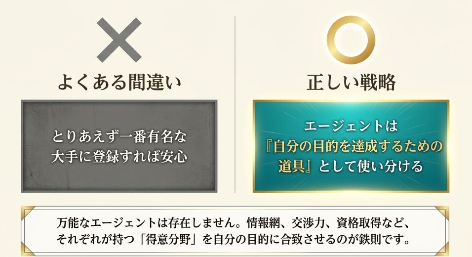 とりあえず一番有名な大手に登録すれば安心という間違いと、エージェントを目的別の道具として使い分ける正しい戦略の対比図