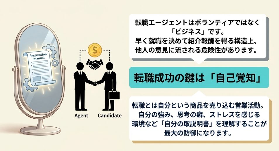 転職成功の鍵は自己覚知。転職エージェントは紹介報酬を得るビジネスである現実を理解し、自分の取扱説明書を作成して他人に流されない軸を確立する重要性