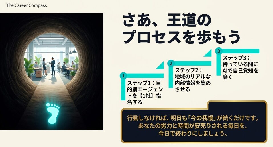 王道の転職プロセス3ステップ。ステップ1:目的別エージェントを1社指名する、ステップ2:地域のリアルな内部情報を集めさせる、ステップ3:待っている間にAIで自己覚知を磨く