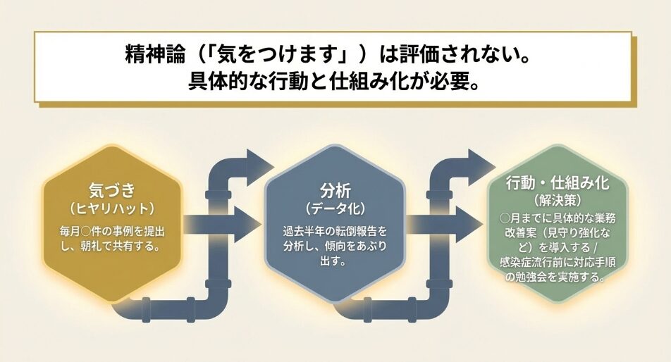 精神論(気をつけます)を廃し、気づき・分析・行動のプロセスで具体的な行動と仕組み化を行う事故防止の考え方。