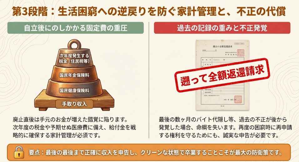 自立後にのしかかる住民税、国民年金、国民健康保険料の重圧と、不正発覚による全額返還請求のリスクを警告した家計管理の解説図