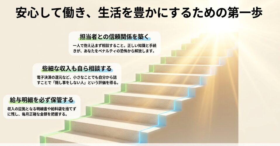 内緒で働く場合（無申告）と正直に話す場合（正しい申告）の最終的な結果の比較表