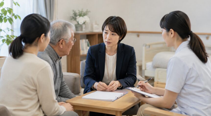 高齢者と家族の支援方針を医療介護職と調整する日本人社会福祉士