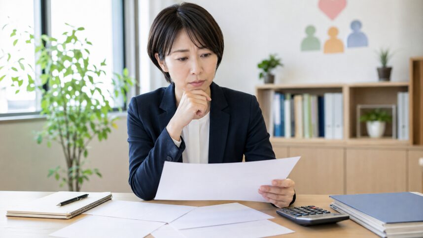 給与資料と電卓を前に社会福祉士の年収や待遇を考える日本人女性