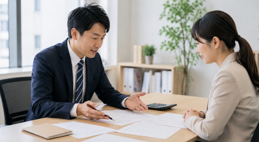 社会福祉士の基本給や手当など雇用条件を採用担当者に確認する日本人女性
