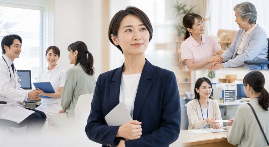 病院や介護施設や行政窓口など社会福祉士の多様な勤務先を表した画像