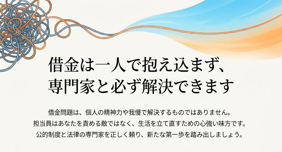 借金問題は一人で抱え込まず、専門家と必ず解決できるという応援メッセージと公的制度の活用を促すまとめ画像。