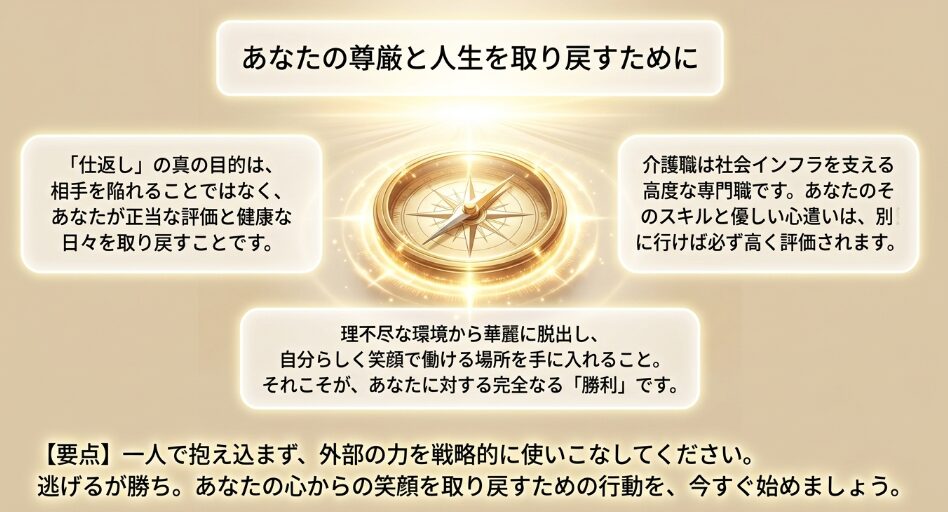 仕返しの真の目的は、正当な評価と健康な日々を取り戻すことであるというメッセージ