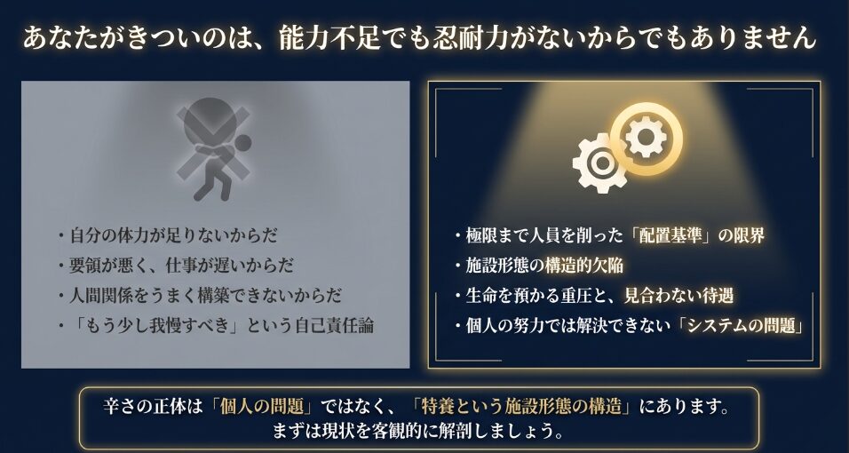 特養がきついのは能力不足ではなく、配置基準や施設形態、低待遇といった構造的なシステムの問題であることを示す図解