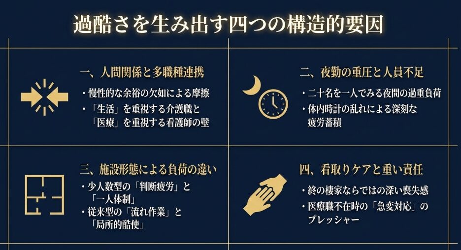 特養の過酷さを生み出す4つの構造的要因：人間関係、夜勤の重圧、施設形態による負荷、看取りの責任をまとめた表