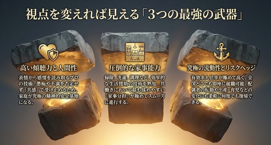 視点を変えれば見える3つの最強の武器：高い傾聴力と人間性、圧倒的な家事能力、究極の流動性とリスクヘッジ