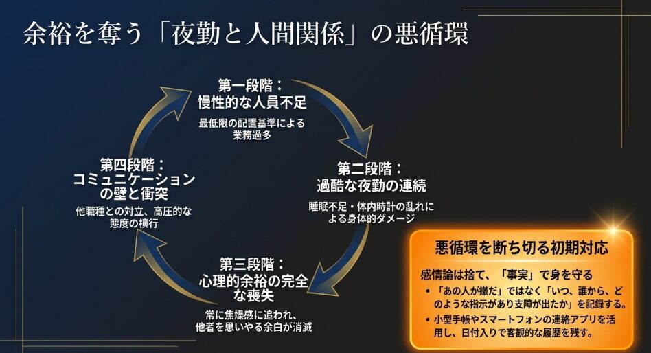 人員不足から夜勤、心理的余裕の喪失、衝突へと繋がる悪循環の図解と、事実を記録して身を守る初期対応のポイント