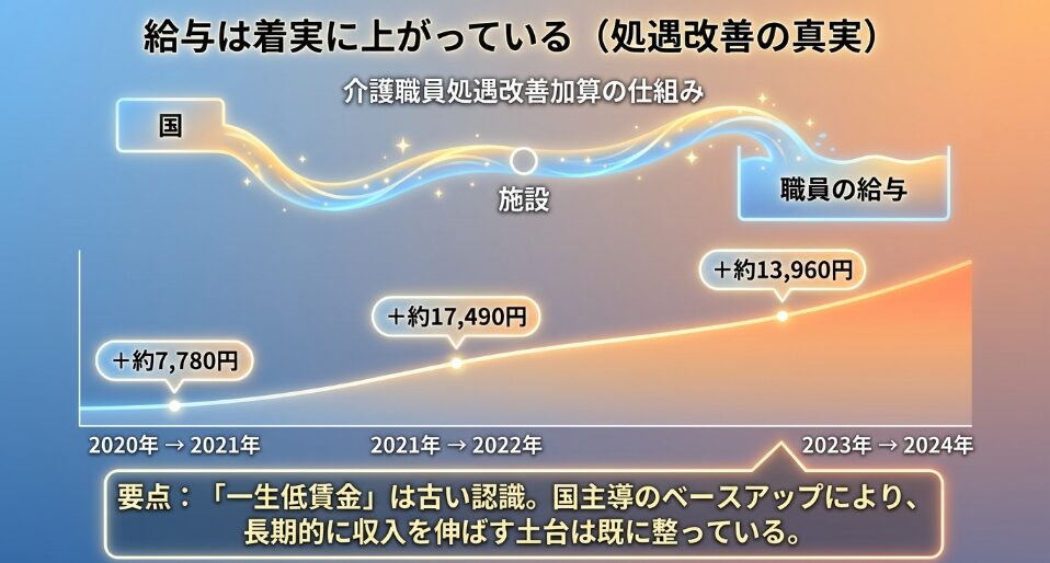給与は着実に上がっている（処遇改善の真実）：国主導のベースアップと給与推移グラフ