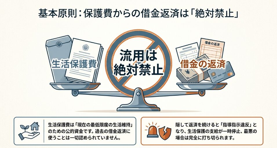 生活保護費と借金返済の天秤イラスト。保護費からの借金返済（流用）は「絶対禁止」であることを強調。