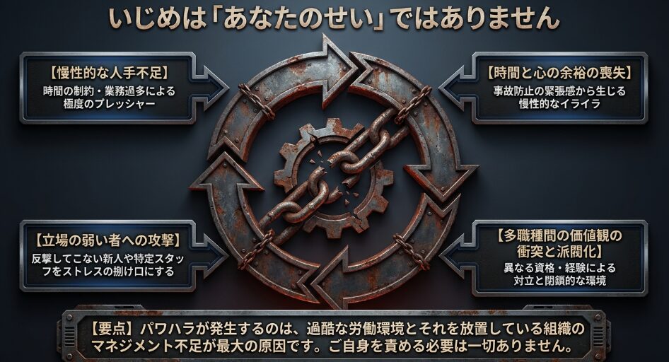 慢性的な人手不足や多職種間の価値観の衝突など、介護現場でいじめが発生する構造的要因