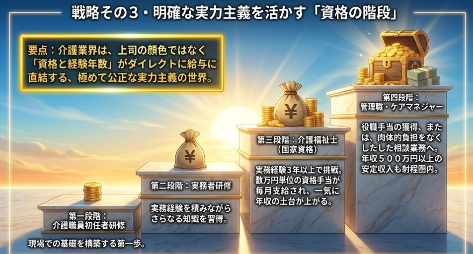 戦略その3：明確な実力主義を活かす資格の階段。初任者研修からケアマネジャーまでのキャリアパス