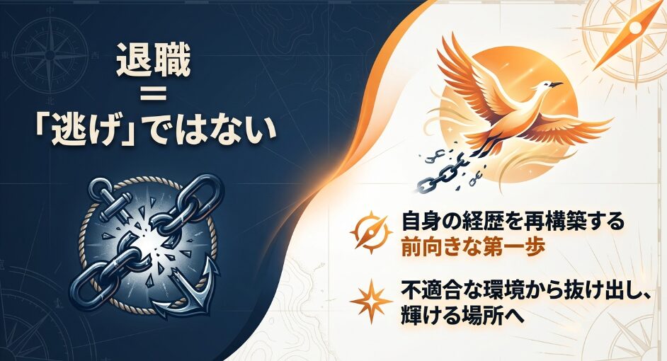 退職は逃げではなく自身の経歴を再構築する前向きな第一歩であることを示す錨と鎖が解かれたイメージ