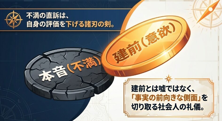 不満である本音を建前に変換することは事実の前向きな側面を切り取る社会人の礼儀であることを示した図