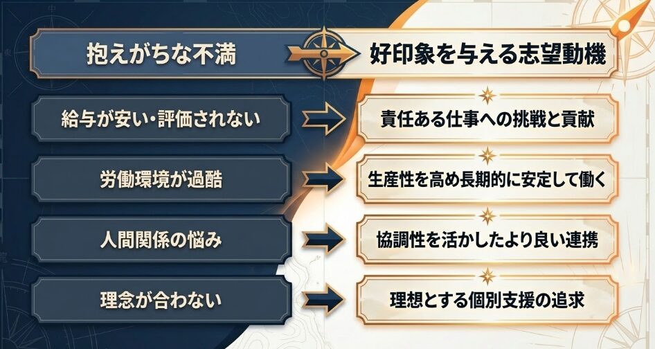 給料や人間関係などの抱えがちな不満を好印象を与える志望動機へ変換する対応表