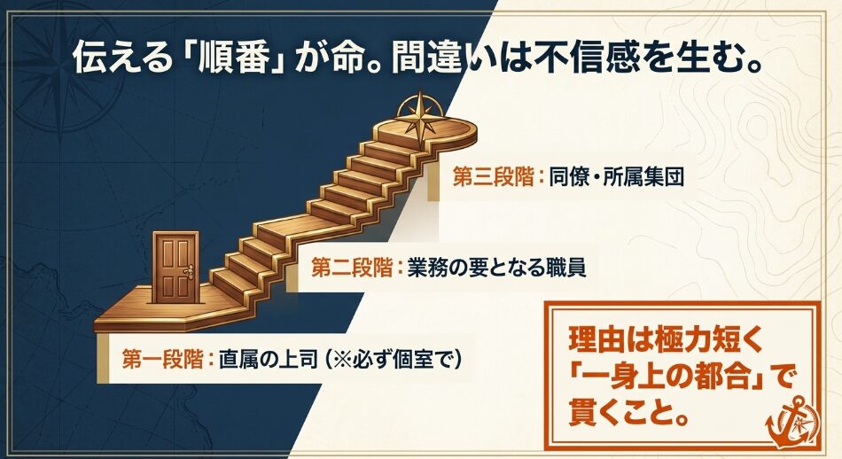 退職を伝える三段階の順番。第一段階は直属の上司、第二段階は業務の要の職員、第三段階は同僚・所属集団とすることを示した図