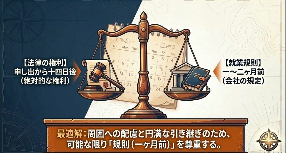 法律上の権利である14日前退職と、就業規則で定められた1〜2ヶ月前の規定の違い、円満退職のための最適解を示した図