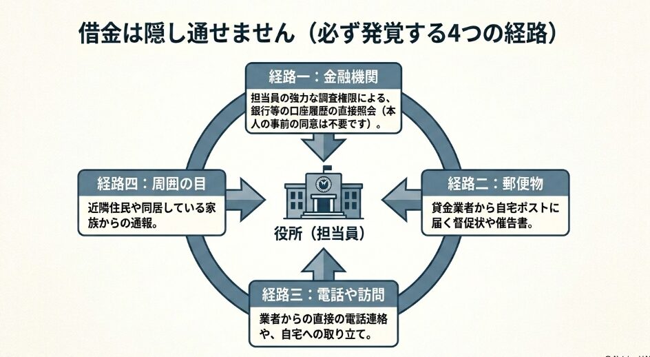 借金は隠し通せません。金融機関の照会、郵便物、電話・訪問、周囲の目という4つの発覚ルートを解説した図解。