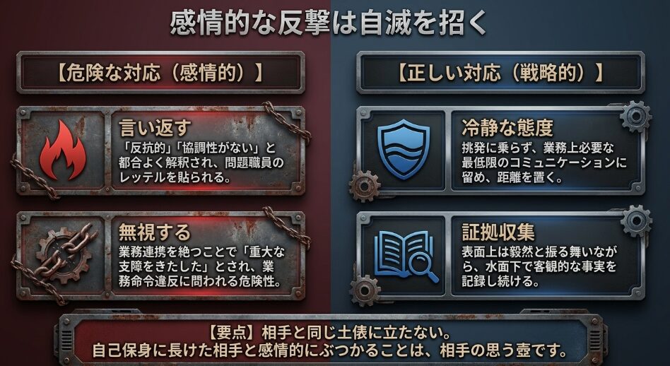 感情的な反撃や無視が自滅を招く理由と、冷静に客観的証拠を集める正しい防衛策