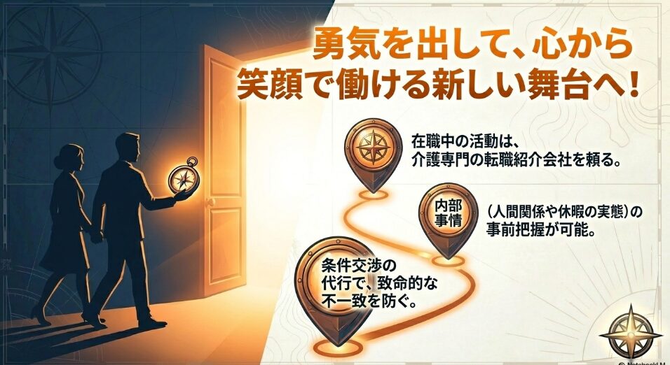 介護専門の転職紹介会社を利用して人間関係や休暇の実態などの内部事情を事前に把握するメリットを示した図