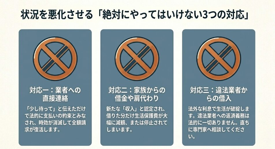 状況を悪化させる絶対にやってはいけない3つの対応。業者への直接連絡、家族への肩代わり、違法業者からの借入の禁止を説明。