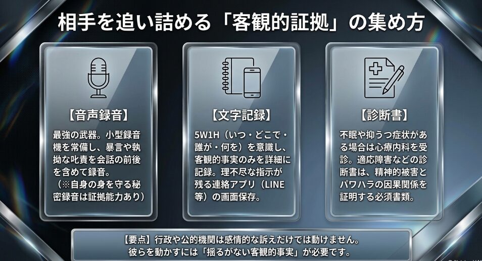 音声録音、文字記録、診断書など、パワハラを立証して相手を追い詰める客観的証拠の集め方