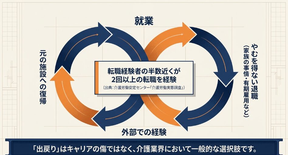 転職経験者の半数近くが2回以上転職している介護職の転職サイクル図解